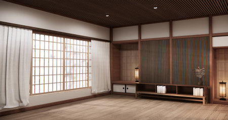 Tokonoma wall design Living room interior cleaning room Japanese traditional style. 3D renderingの写真素材