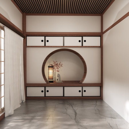 Circle shelf wall and decoration lamp on empty room japanese traditional.3D renderingの写真素材