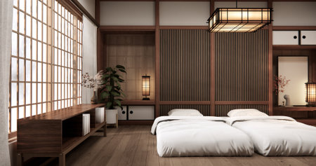 Bedroom Japanese traditional and mattress bed on floor and decoration japanese . 3D renderingの写真素材