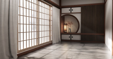 Circle shelf wall and decoration lamp on empty room japanese traditional.3D renderingの写真素材