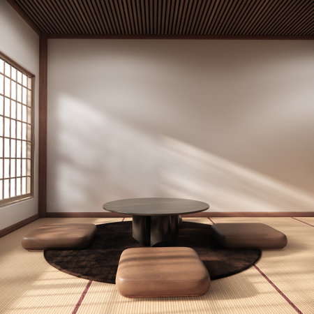 Chabudai japan traditional low table and decoration on minimal Japandi room japan style.3D renderingの写真素材