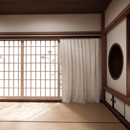 Tokonoma wall design Living room interior cleaning room Japanese traditional style. 3D renderingの写真素材