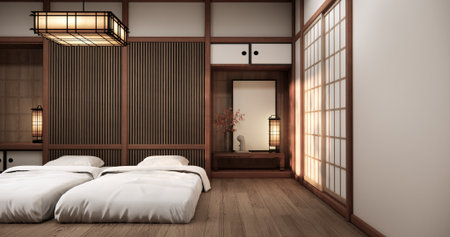 Bedroom Japanese traditional and mattress bed on floor and decoration japanese . 3D renderingの写真素材