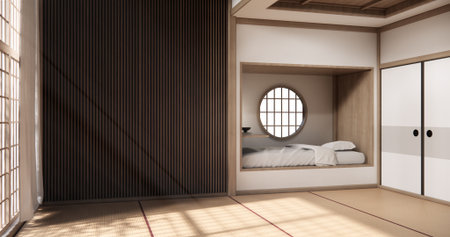 Bedroom Japanese traditional and mattress bed on floor and decoration japanese . 3D renderingの写真素材