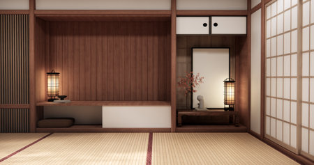 Tokonoma wall design Living room interior cleaning room Japanese traditional style. 3D renderingの写真素材