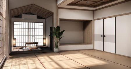 Chabudai japan traditional low table and decoration on minimal Japandi room japan style.3D renderingの写真素材