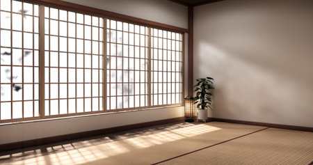 Tatami mat floor, room japanese traditional style. 3D renderingの写真素材