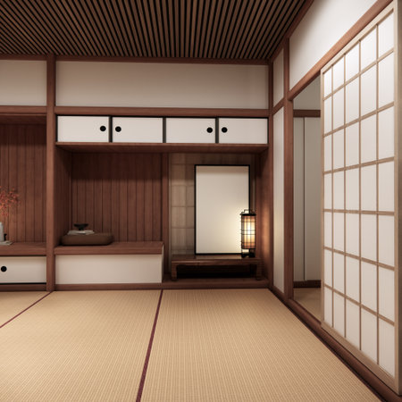 Tokonoma wall design Living room interior cleaning room Japanese traditional style. 3D renderingの写真素材