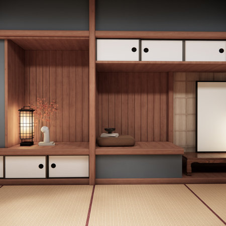 Tokonoma wall design Living room interior cleaning room Japanese traditional style. 3D renderingの写真素材