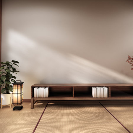 Mock up Cabinet design on earth tone wood room interior modern style .3D renderingの写真素材