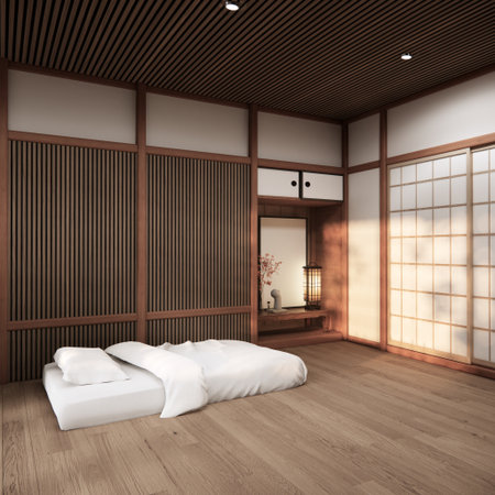 Bedroom Japanese traditional and mattress bed on floor and decoration japanese . 3D renderingの写真素材