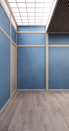 Cool colors give a feeling of coolness and calmness. Japanese traditional room, Mock up empty room and decoration room japan style.3D renderingの写真素材