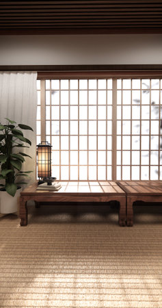 Chabudai japan traditional low table and decoration on minimal Japandi room japan style.3D renderingの写真素材