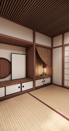 Tatami mat floor, room japanese traditional style. 3D renderingの写真素材