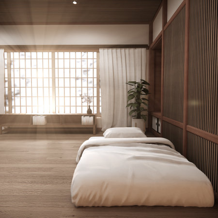 Bedroom Japanese traditional and mattress bed on floor and decoration japanese . 3D renderingの写真素材