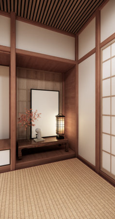 Tatami mat floor, room japanese traditional style. 3D renderingの写真素材