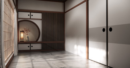 Circle shelf wall and decoration lamp on empty room japanese traditional.3D renderingの写真素材