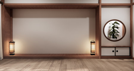 Scandinavian empty room designed to have a Japanese feel, Mock up modern japandi room.3D renderingの写真素材