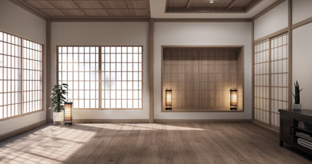 Mock up Cabinet design on earth tone wood room interior modern style .3D renderingの写真素材
