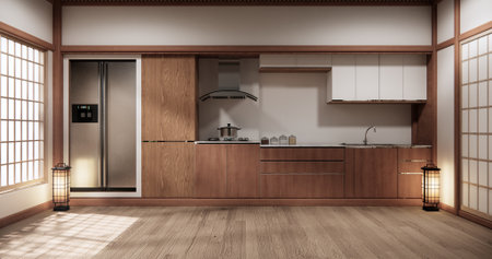 Mock up Kitchen room japanese style,white wall mock up.3D renderingの写真素材