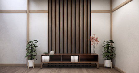 Mock up Cabinet design on earth tone wood room interior modern style .3D rendering