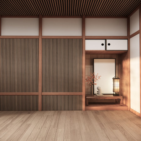 Tokonoma wall design Living room interior cleaning room Japanese traditional style. 3D renderingの写真素材
