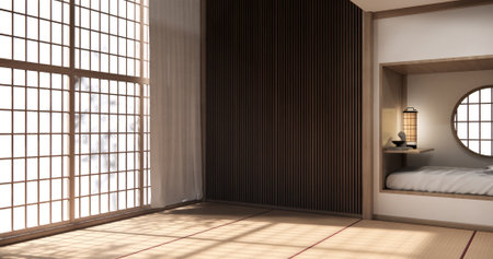Tatami mat floor, room japanese traditional style. 3D renderingの写真素材