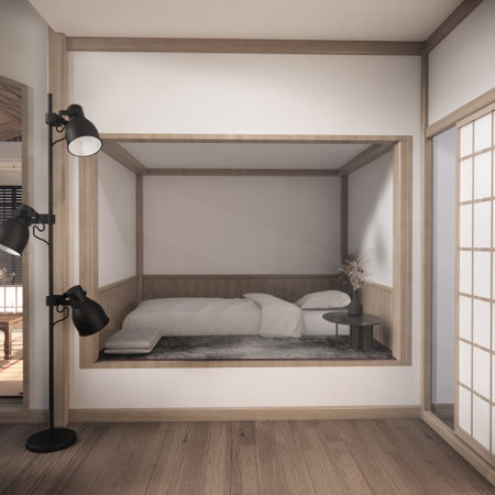 Bedroom Japanese traditional and mattress bed on floor and decoration japanese . 3D renderingの写真素材