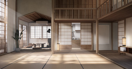 Mock up Tatami mat floor big empty room japanese traditional style. 3D renderingの写真素材