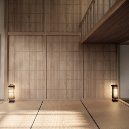 Mock up Tatami mat floor big empty room japanese traditional style. 3D renderingの写真素材
