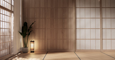 Mock up Tatami mat floor big empty room japanese traditional style. 3D renderingの写真素材