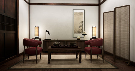 wood style, Armchair and decoration on Modern room interior muji style.3D rendering