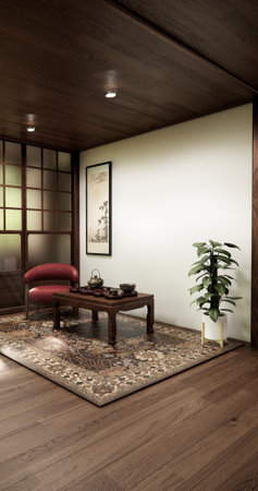 Western style Japan room with a chair and low table in the living room in an old traditional Japanese style. 3d renderingの写真素材
