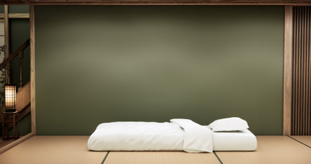 Japanese Minimalist Bedroom Interior with Wooden Wall Panels, Platform Bed, and Zen Lighting Design.3D renderingの写真素材