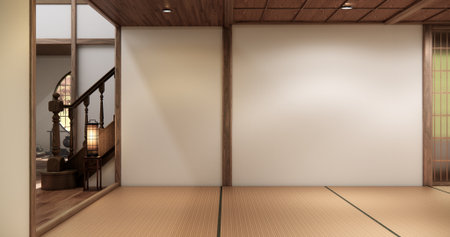 Empty Japanese Room with Tatami Flooring and Wooden Wall Design in Minimalist Zen Style.3D renderingの写真素材