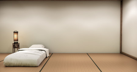 Japanese Minimalist Bedroom Interior with Wooden Wall Panels, Platform Bed, and Zen Lighting Design.3D renderingの写真素材