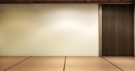 Empty Japanese Room with Tatami Flooring and Wooden Wall Design in Minimalist Zen Style.3D renderingの写真素材