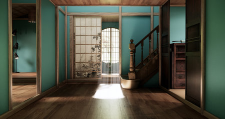 Mint room Minimalist Japanese interior with wooden elements and natural light through shoji doors. 3D renderingの写真素材