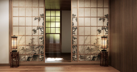 Architecture and interior concept Empty room and wood panels wall background 3D illustration renderingの写真素材