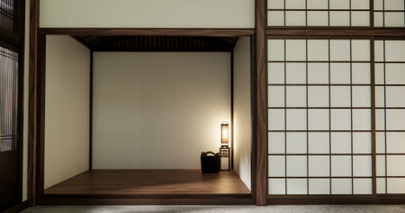 Mock up interior concept Empty room wood docoration wall on granite floor. 3D illustration renderingの写真素材