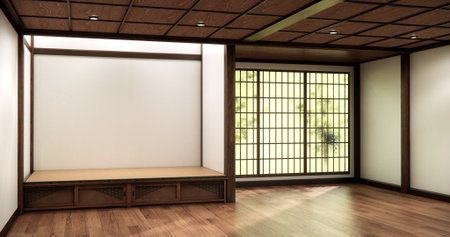 Shelf wall room zen style and decoraion wooden design, earth tone.3D renderingの写真素材