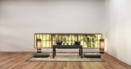 Horizontal windows are located near the floor and low table tea in a white room with a wood floor.