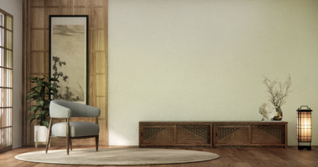 Cabinet on scene living room wall decoration and woo floor.3D renderingの写真素材