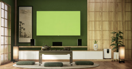 Cabinet on green room wooden interior wabisabi and decoration japanese style.3D rendering