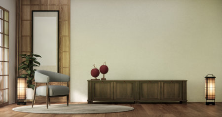 Cabinet on scene living room wall decoration and woo floor.3D rendering