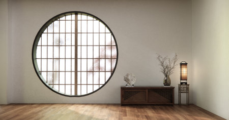 Circle window wall design, white empty  room japanese deisgn, tatami mat floor. 3D renderingの写真素材