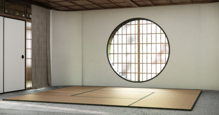Circle window wall design, white empty  room japanese deisgn, tatami mat floor. 3D renderingの写真素材