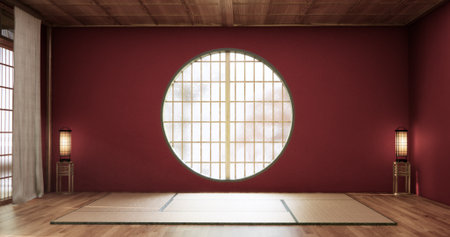 Circle window wall design, Red color empty  room japanese deisgn, wooden floor. 3D renderingの写真素材