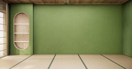 Green color room interior with shelf wall japanese style design and tatami mat floor.3d renderingの写真素材