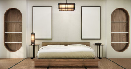 Bedroom japanese minimal style, Modern shelf wall design and tatami mat floor, room minimalist. 3D renderingの写真素材